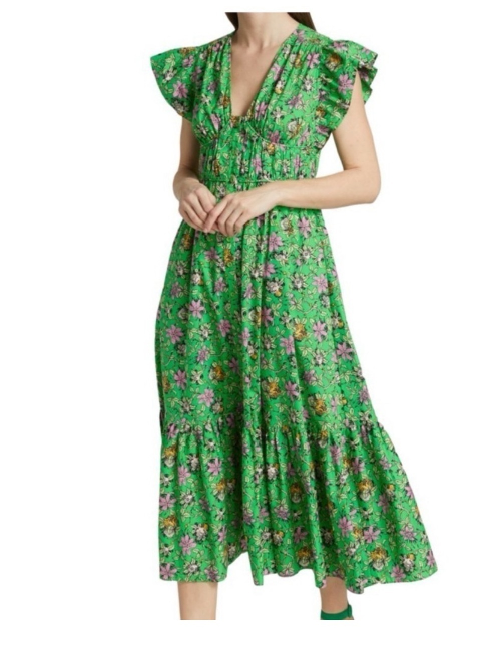 Derek Lam 10 Crosby Greta Ruffle Sleeved Floral Dress Green/Multi Women's 4